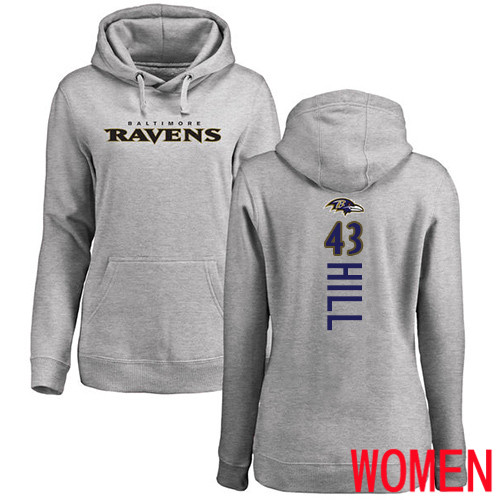 Baltimore Ravens Ash Women Justice Hill Backer NFL Football #43 Pullover Hoodie Sweatshirt->nfl t-shirts->Sports Accessory